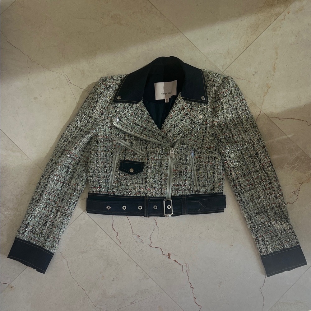 Cinq à Sept Blue and Gray Tweed Biker Jacket Never Worn